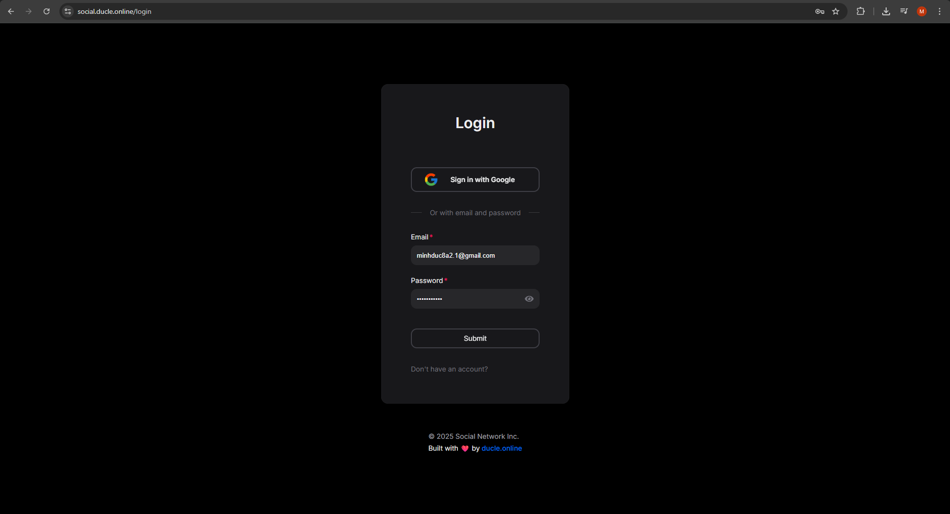 login page screenshot